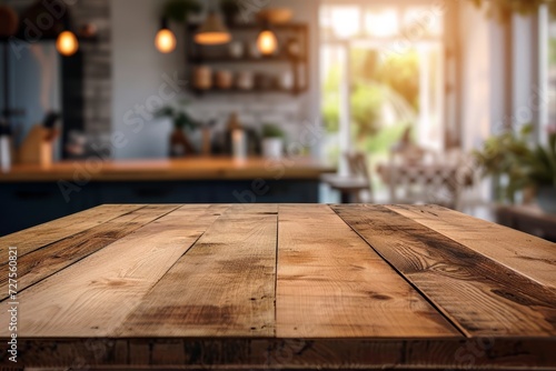 An empty wooden countertop against the background of blurred kitchen. Wood table top on blur kitchen counter background with Copy space for montage product display or design key visual layout.