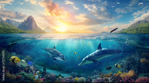 Half under sea with sky, under sea with dolphins and coral, sky with mountains and falcon and clouds and sun. photo
