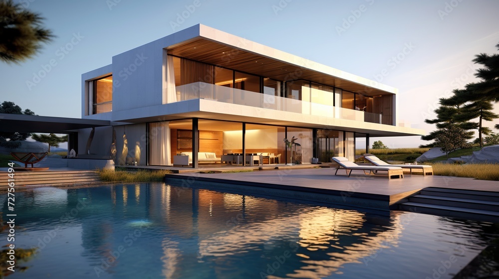 view of a modern villa and a luxurious infinity pool . 3D Illustration
