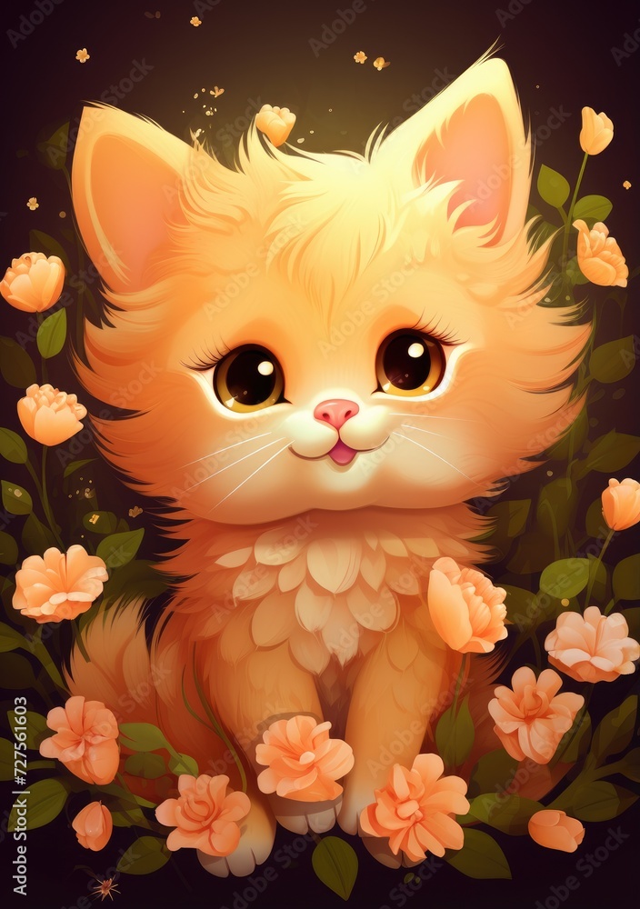 Cute Little Kitten Sitting in a Field of Flowers