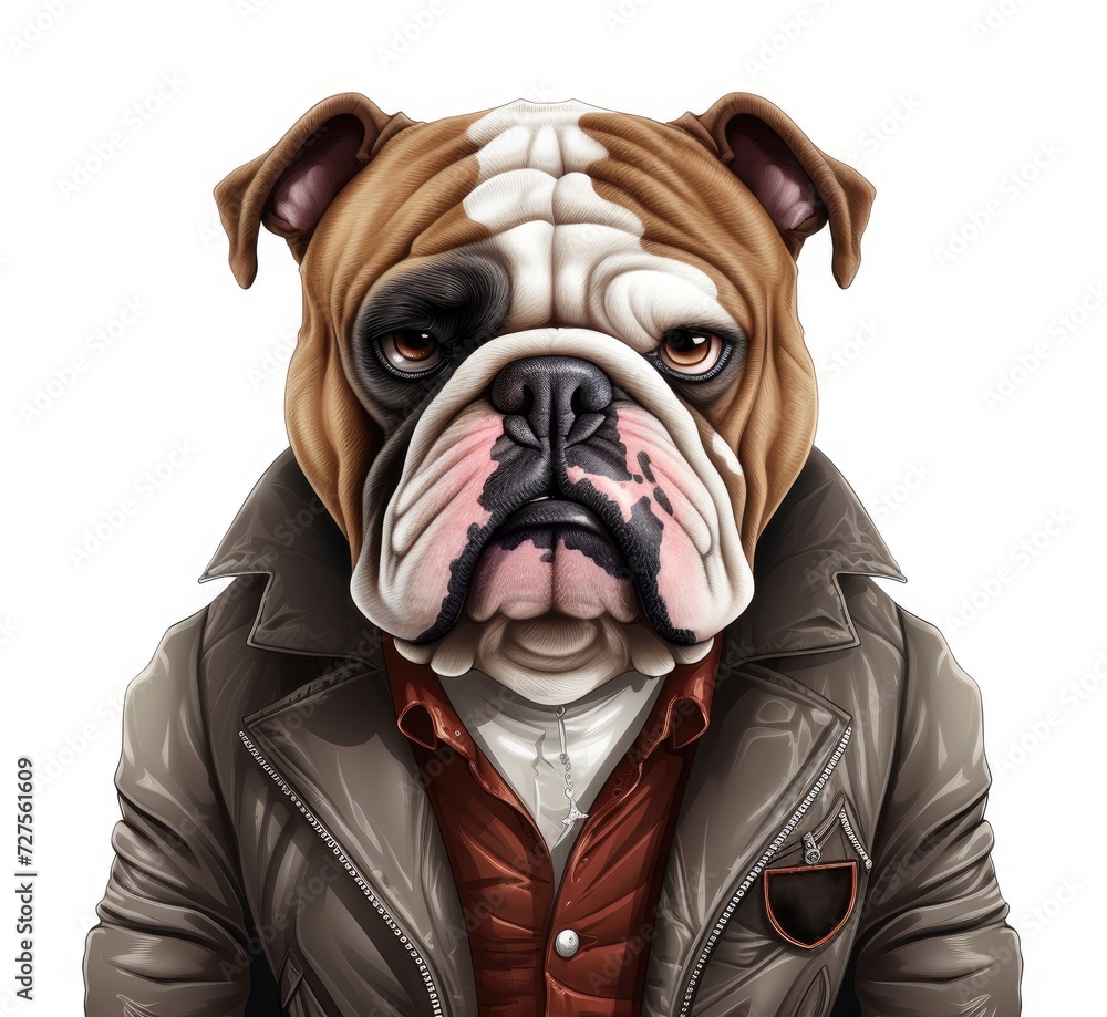 English bulldog in a leather jacket on a white background. Close-up of a dog.