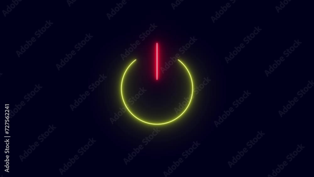 Neon On OFF Switching Buttons. Glowing Power Sign Animation on dark background. Glowing neon line Power button icon isolated on black background. Neon On OFF Switching Buttons. Glowing Power Sign Animation on dark background. Glowing neon line Power button icon isolated on black background.