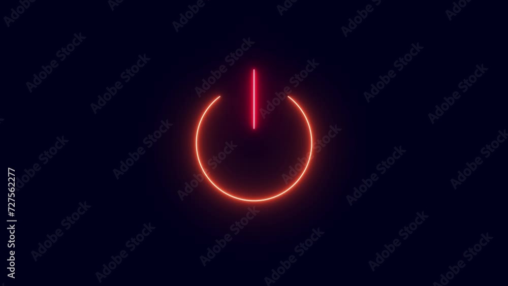 Neon On OFF Switching Buttons. Glowing Power Sign Animation on dark background. Glowing neon line Power button icon isolated on black background. Neon On OFF Switching Buttons. Glowing Power Sign Animation on dark background. Glowing neon line Power button icon isolated on black background.