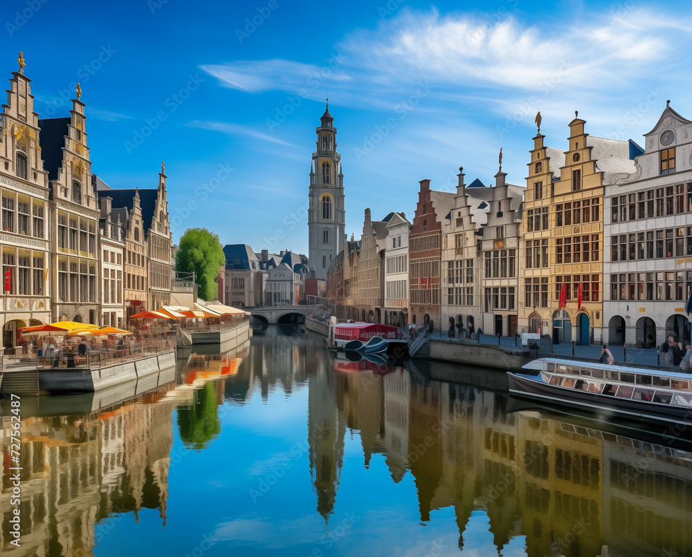 City scenic with tower and old colorful beautiful houses along canal and boats