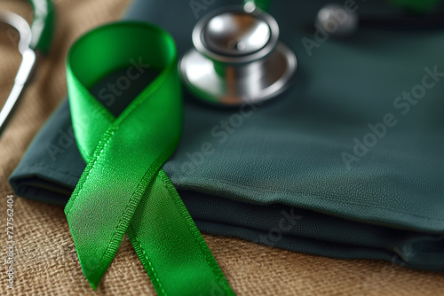 Green ribbon symbol for world bipolar day on blurred background photo