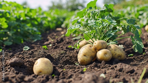 Close up of fresh organic potatoes in the potatoesyard. Agricultural and harvest concept.