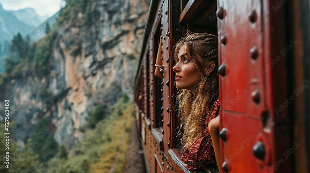 Inspiring female traveler and travel blogger looks out the window of a tourist train in beautiful mountains. Inspiring female traveler and travel blogger looks out the window of a tourist train in beautiful mountains.