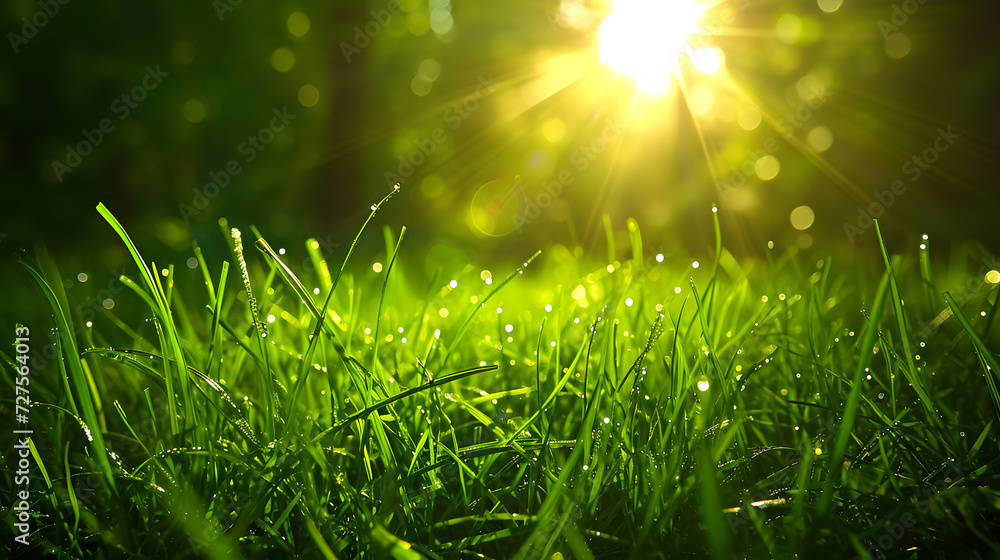A vibrant morning in a lush, sunlit meadow with bokeh background, morning dew on fresh green grass and a touch of nature's beauty. A vibrant morning in a lush, sunlit meadow with bokeh background, morning dew on fresh green grass and a touch of nature's beauty.