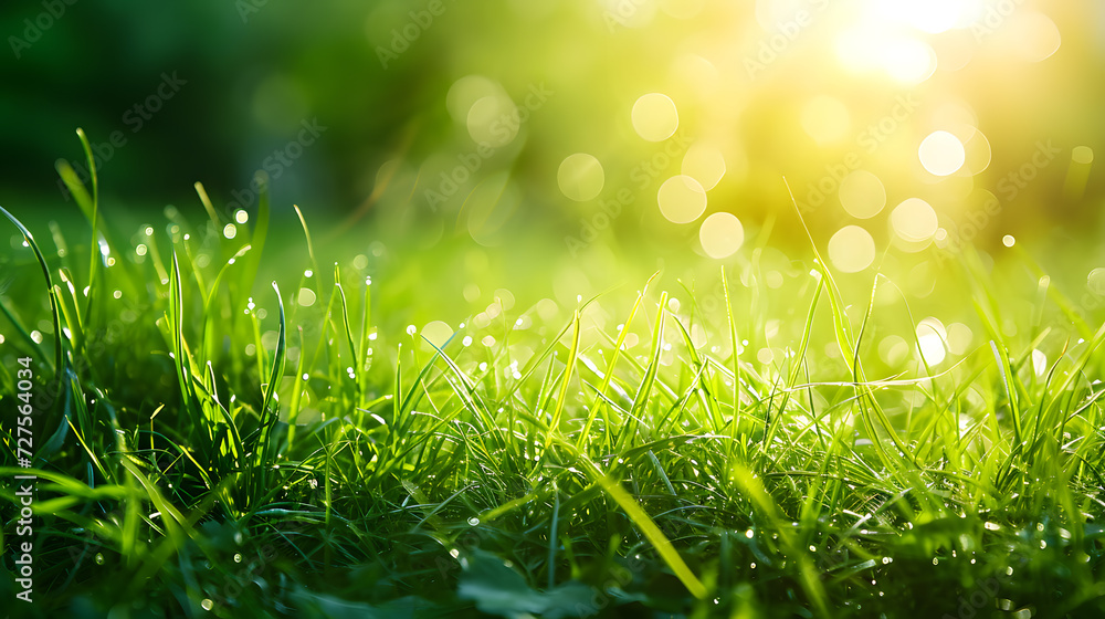 A vibrant morning in a lush, sunlit meadow with bokeh background, morning dew on fresh green grass and a touch of nature's beauty.