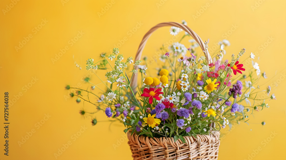 Colorful spring flowers in basket isolated on yellow background, perfect for a spring gift or decoration Colorful spring flowers in basket isolated on yellow background, perfect for a spring gift or decoration
