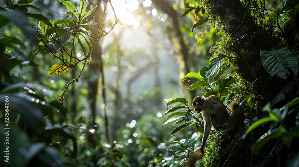 Common squirrel monkey (Saimiri sciureus) playing on a branch. Common squirrel monkey (Saimiri sciureus) playing on a branch.