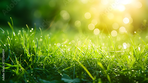 A vibrant morning in a lush, sunlit meadow with bokeh background, morning dew on fresh green grass and a touch of nature's beauty.
