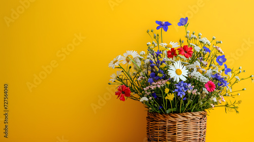 Colorful spring flowers in basket isolated on yellow background, perfect for a spring gift or decoration © Some