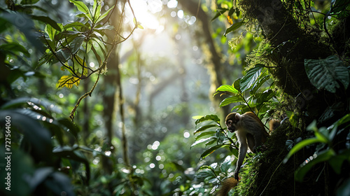 Common squirrel monkey (Saimiri sciureus) playing on a branch. photo