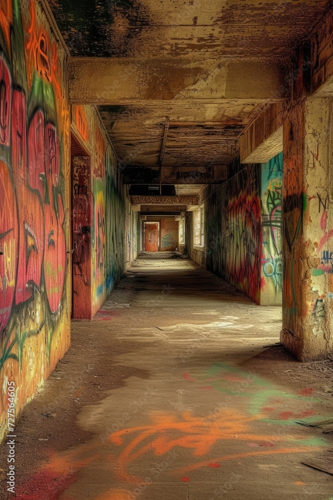 Fototapeta premium Corridor with graffiti on the walls of an abandoned building