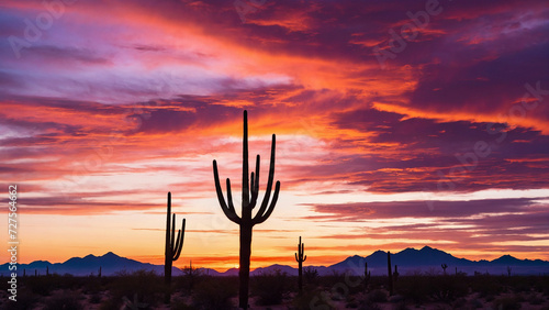 Vibrant colors of a desert sunset painting the sky with hues of orange pink and purple while the silhouette of cacti stands tall against the fading light