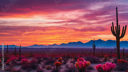 Vibrant colors of a desert sunset painting the sky with hues of orange pink and purple while the silhouette of cacti stands tall against the fading light photo