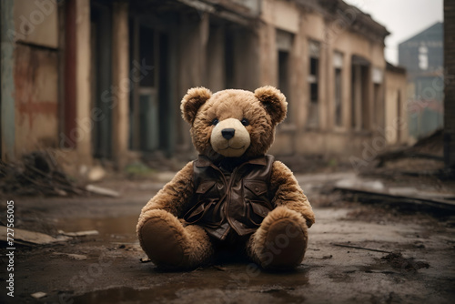 A teddy bear in front of an abandoned building photo
