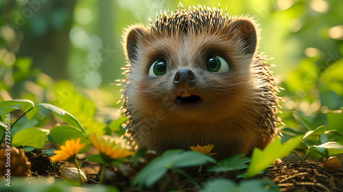 the hedgehog is looking up while out in the forest