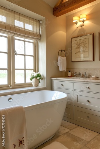 Luxury bathroom interior with white bathtub and mirror.