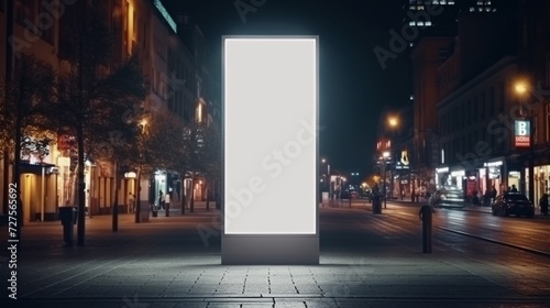Blank vertical billboard outdoors, outdoor advertising lightbox, public information board, digital screen stand in city at night, on lighted street.