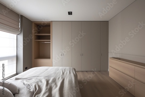 Interior of modern bedroom, double bed and wardrobe