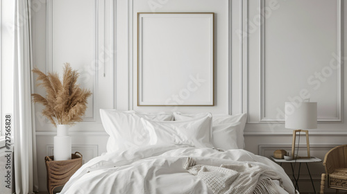 Mockup poster frame, paper size Scandinavian, minimalist Bedroom, white walls