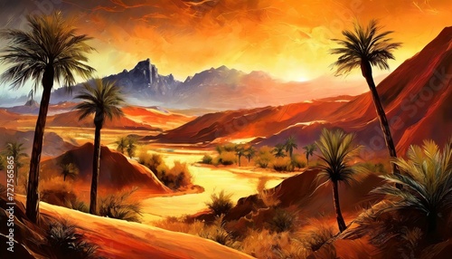 Oasis in a desert where the scorching heat and earthy tones blend seamlessly with shimmering mirages