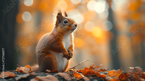 the squirrel is looking up while out in the forest