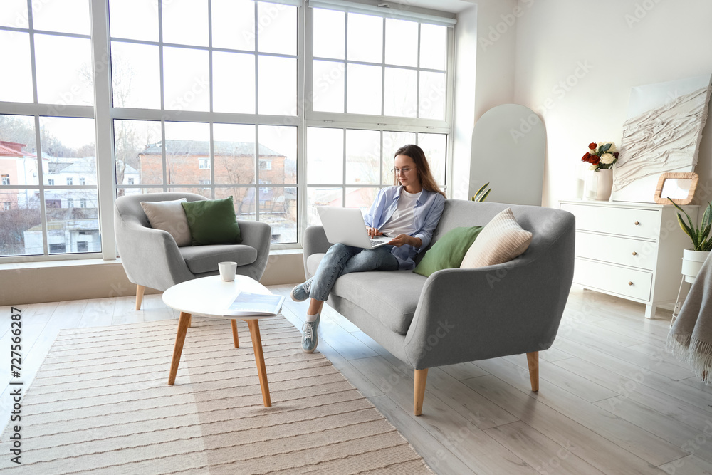 Beautiful young woman using laptop on grey sofa in living room Beautiful young woman using laptop on grey sofa in living room