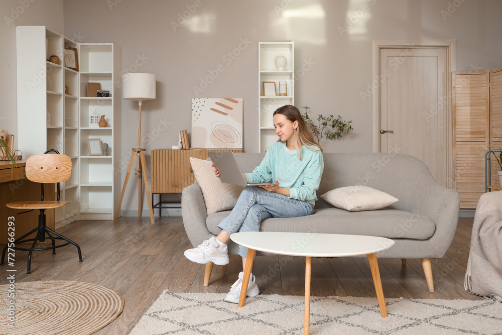 Young woman using laptop on grey couch in living room