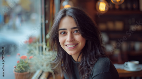 A woman with long brown hair sits at a table in a restaurant. She is smiling and looking at the camera. There is a cup of coffee on the table and a potted plant nearby.