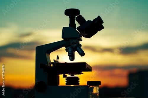 a scientific microscope in a laboratory at sunset, biological and arts photo