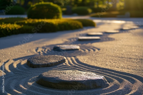a sandy pattern with stone walking path in a Japanese zen garden in the evening