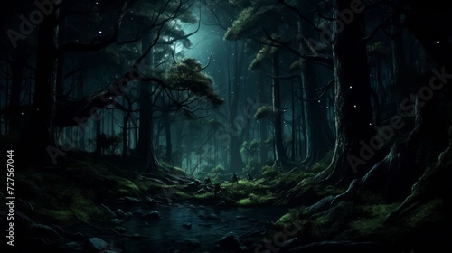 dark mysterious forest panorama  fantasy landscape. Neural network AI generated art