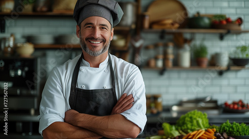 middle aged male chef in a chef's hat with arms crossed wears apron standing in restaurant kitchen and smiling
