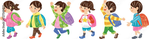 ランドセルを背負って登校する小学生　男の子と女の子のイラスト