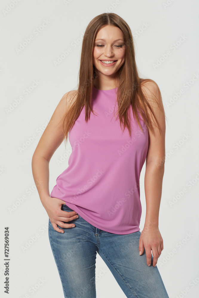 Woman, fashion and style confidence in studio for cool trend with jeans for relax, clothes or white background. Female person, model and smile with mockup space for natural beauty, casual or Canada Woman, fashion and style confidence in studio for cool trend with jeans for relax, clothes or white background. Female person, model and smile with mockup space for natural beauty, casual or Canada