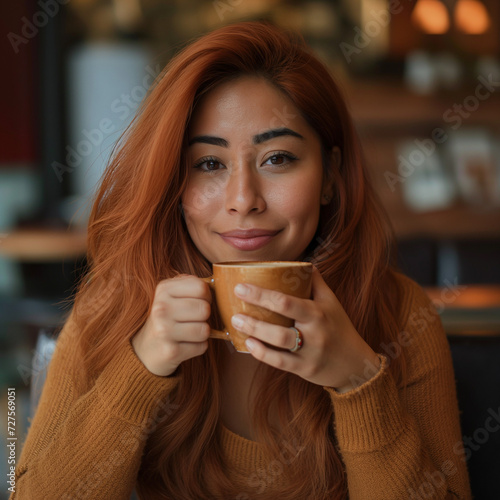woman drinking coffee  hispanic woman drinking coffee  Hispanic woman with copper red hair  coffee shop  latina  hispanic woman in a coffee shop