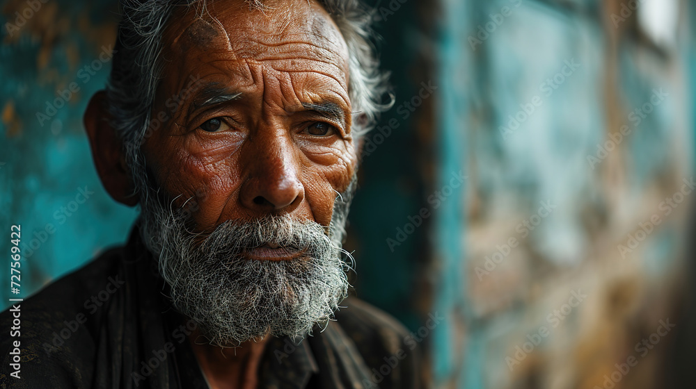 An old homeless Indian man sits alone on the street, worried and sad. An old homeless Indian man sits alone on the street, worried and sad.