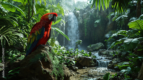 Parrot in the rainforest with a waterfall © Morng