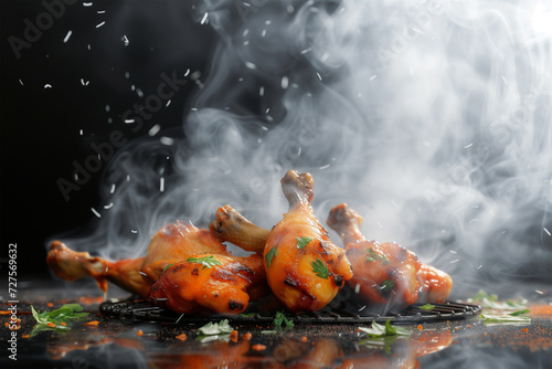Hot and spicy roasted chicken on black background. Generative AI image.