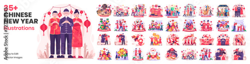 Huge Set of Illustrations Chinese New Year With Asian People Celebrate Chinese New Year. Chinese Family Is Having a Reunion Dinner With Children. Chinese Dancing Lion. Vector Illustration in Flat Styl