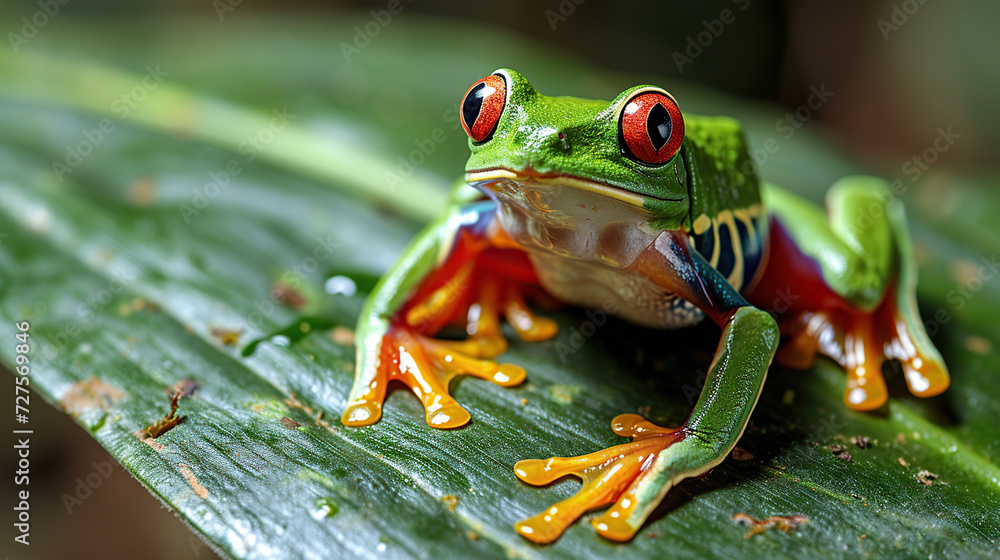 Fototapeta premium Red-eyed Amazon tree frog on a large palm leaf/Red-eyed Amazon tree frog