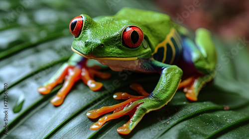Red-eyed Amazon tree frog on a large palm leaf/Red-eyed Amazon tree frog