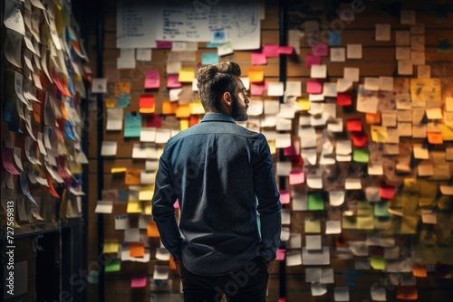 Professional Analyzing Brainstorming Notes in Office. A sharply dressed professional man analyzing brainstorming notes and ideas on a wall filled with sticky notes in a creative office space.

