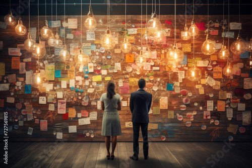 Creative Professionals Assessing Ideas on Note Wall. A man and woman in a business setting, evaluating a wall of notes and creative ideas under ambient lighting.