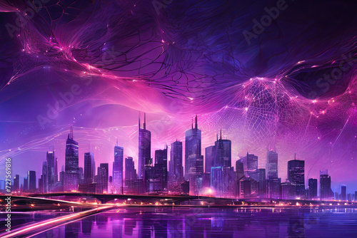 Illusionary night city: Vibrant purples, pinks, digital lines. A captivating blend of reality and fantasy. Explore the enchantment in this unique cityscape. 