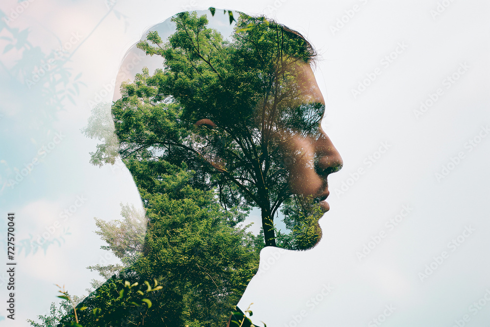 double exposure of man head and green trees. Concept international environment day, climate change