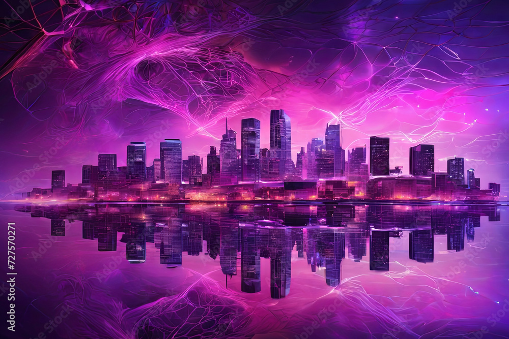 Illusionary night city: Vibrant purples, pinks, digital lines. A captivating blend of reality and fantasy. Explore the enchantment in this unique cityscape. Illusionary night city: Vibrant purples, pinks, digital lines. A captivating blend of reality and fantasy. Explore the enchantment in this unique cityscape.